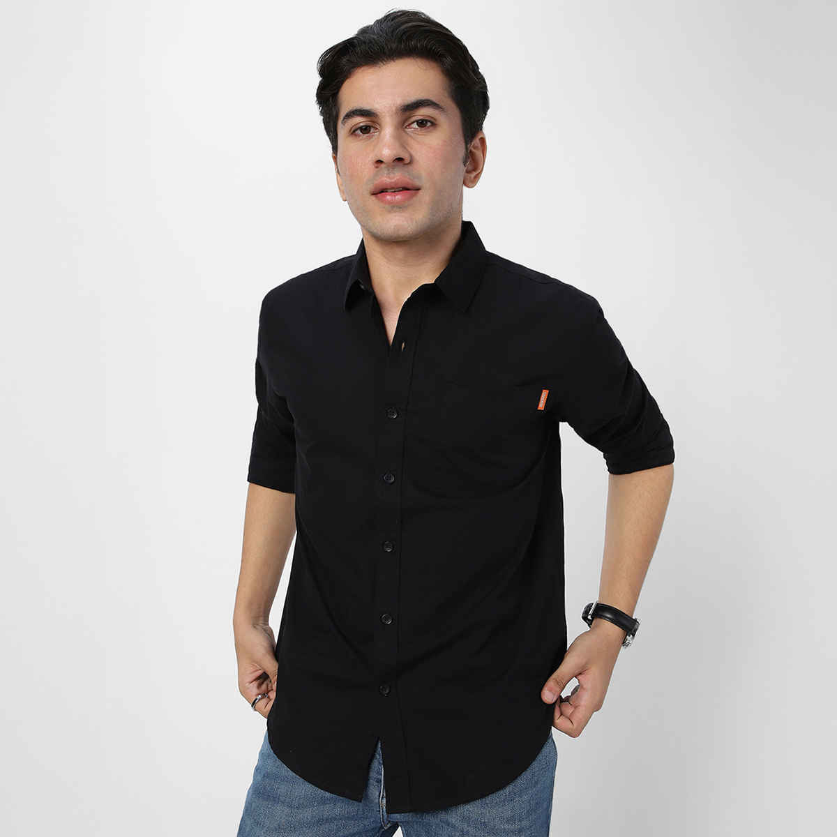 Urbano Fashion Men's Regular Fit Casual Solid Full Sleeve Cotton Shirt | Black - M