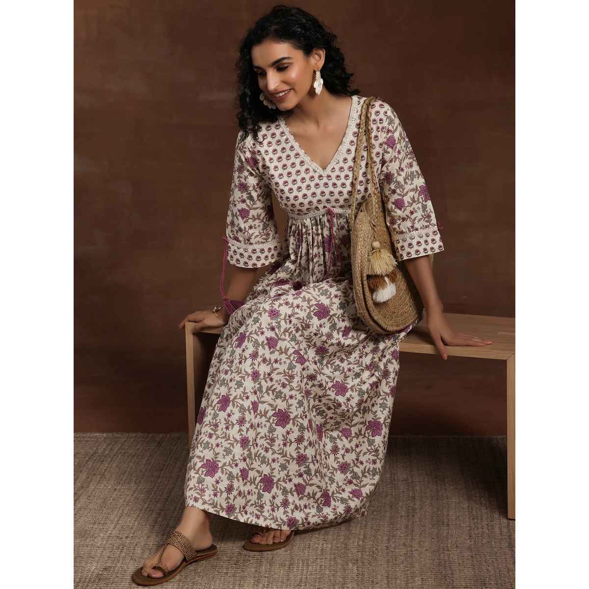 Libas Off White Floral Printed Fit and Flared Dress With Tassels on Sleeves | Off White | S