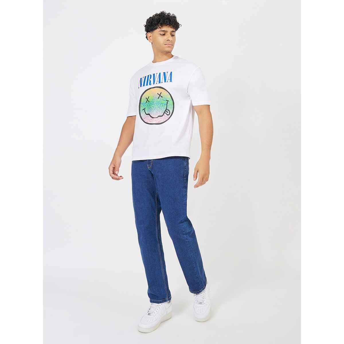 Styli Men's Oversized Tee with Nirvana Graphic Sticker Print in Compact Jersey | White - L