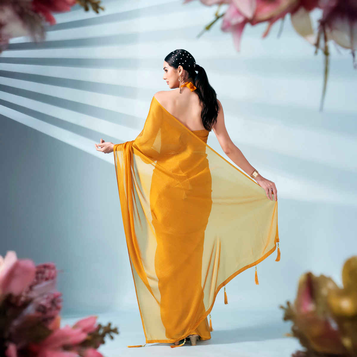 Tikhi Imli Women's Zari Weaving Satin Saree With Unstitched Blouse | Mustard