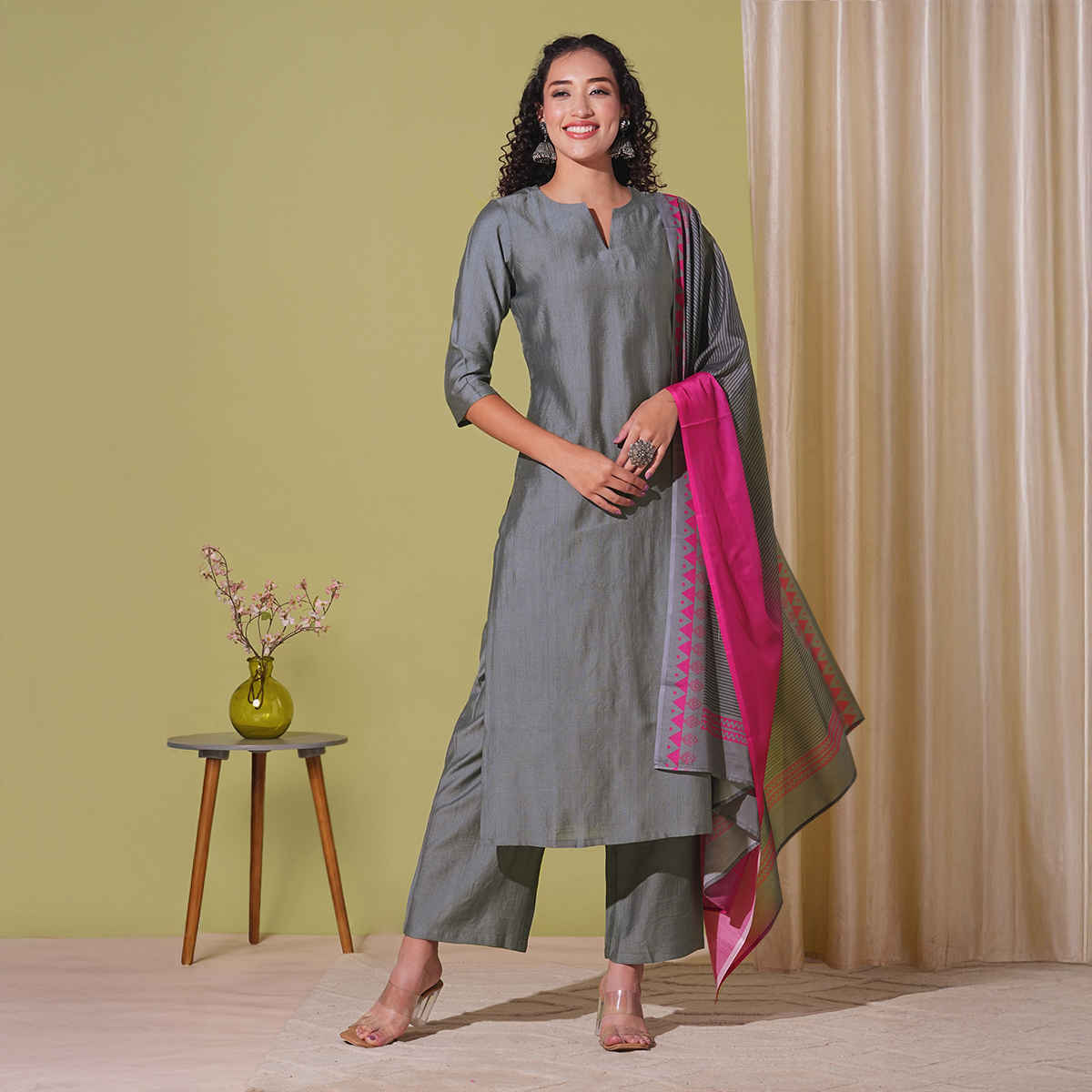 GoSriKi Women's Viscose Rayon Straight Solid Kurta with Pant & Dupatta | MOGUL | Grey - S