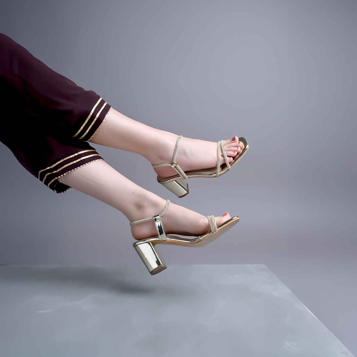 Shoetopia Women's Embellished Rhinestones Strap Heels | Heel-1246 | Golden - UK 5