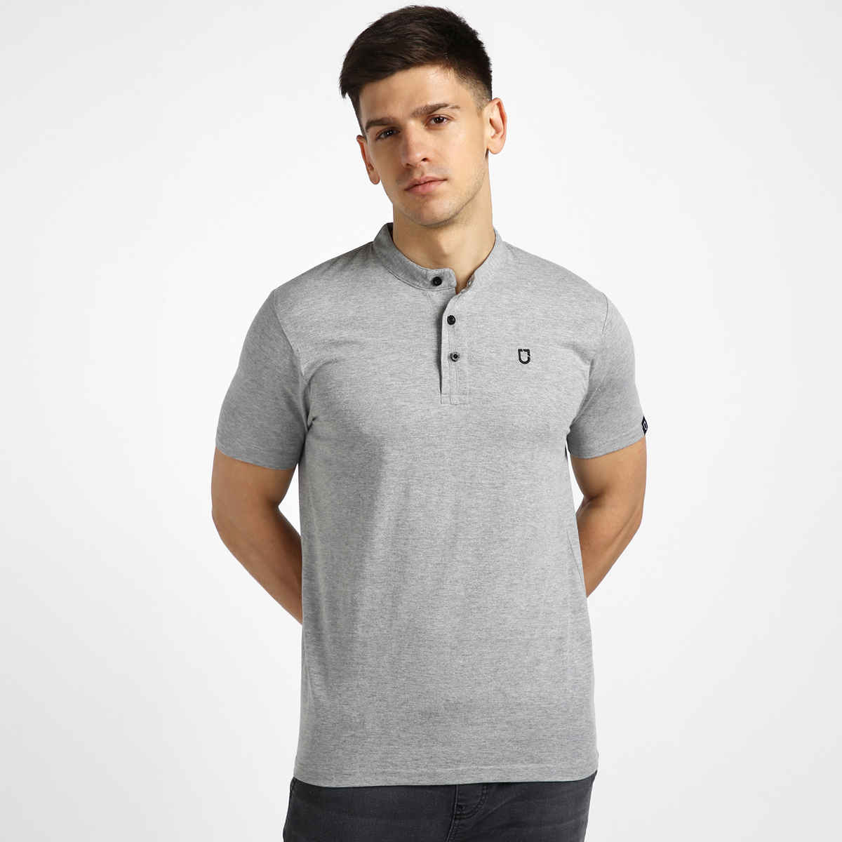 Urbano Fashion Men's Grey Melange Solid Mandarin Collar Slim Fit Half Sleeve Cotton T-Shirt-M