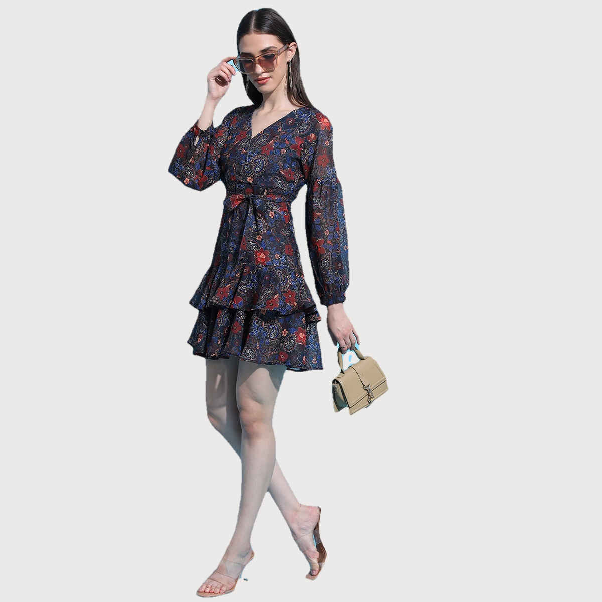 Ketch Women's Floral Printed Puff Sleeve Tie-Up Fit & Flare Dress | Multicolor - M