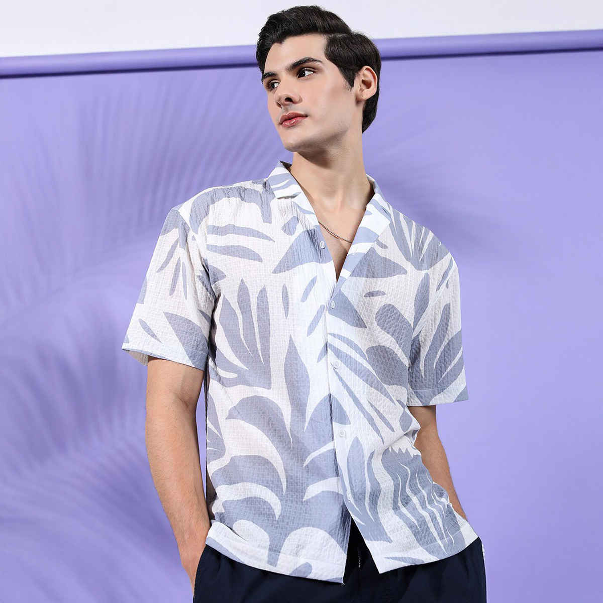 The Indian Garage Co Men's Relaxed Fit Floral Printed Casual Shirts | Grey - S