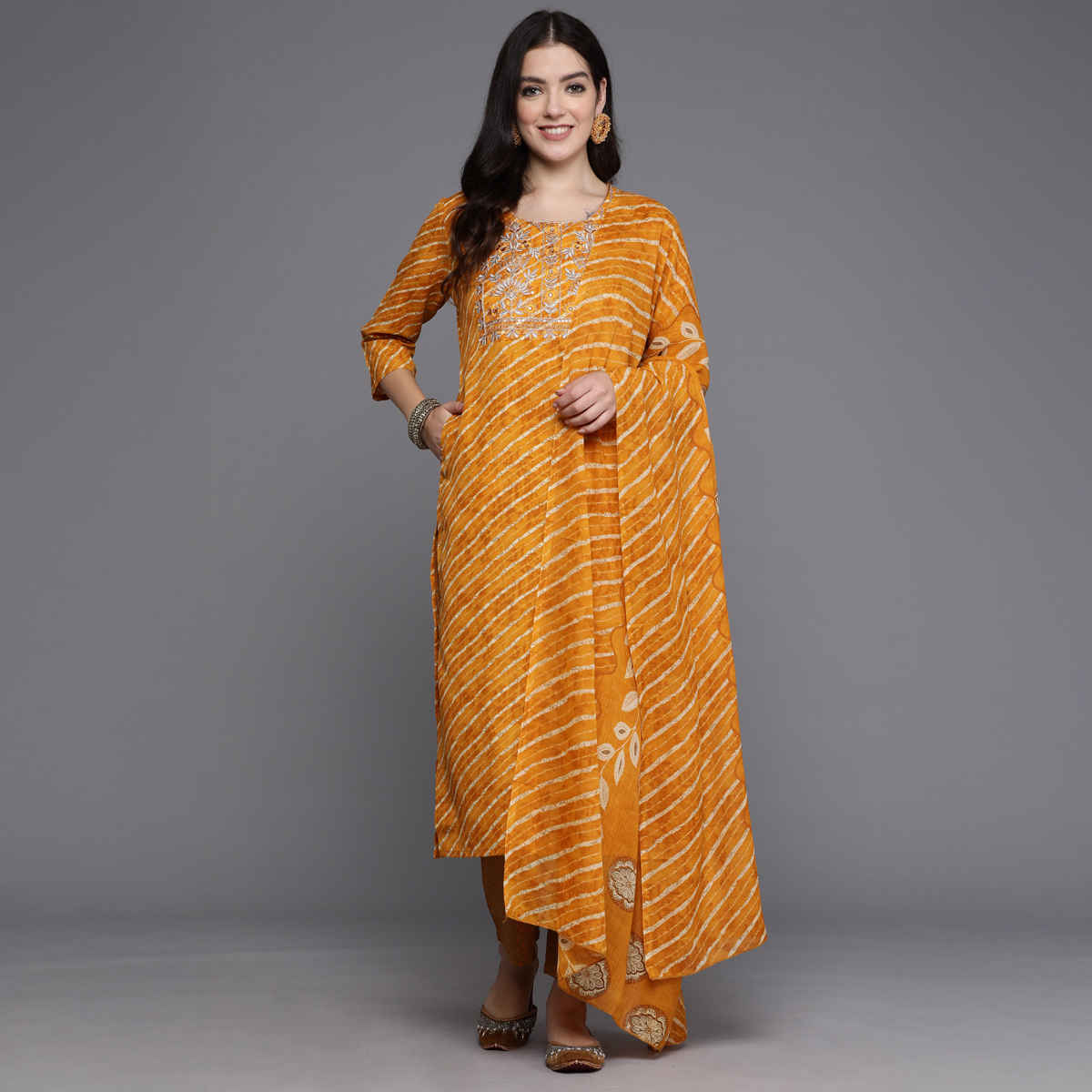 INDO ERA Women's Printed Straight Kurta Trousers with Dupatta Set | Mustard - XL