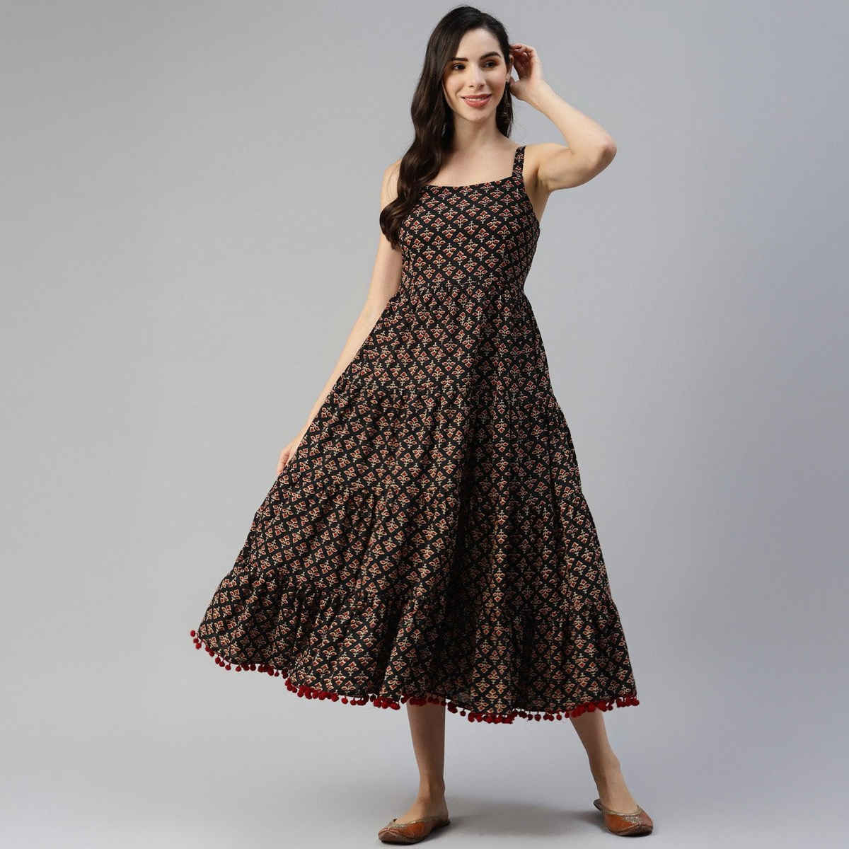 Divena Floral Printed Shoulder Strip Long Women's Dress | DK0719 | Black - L