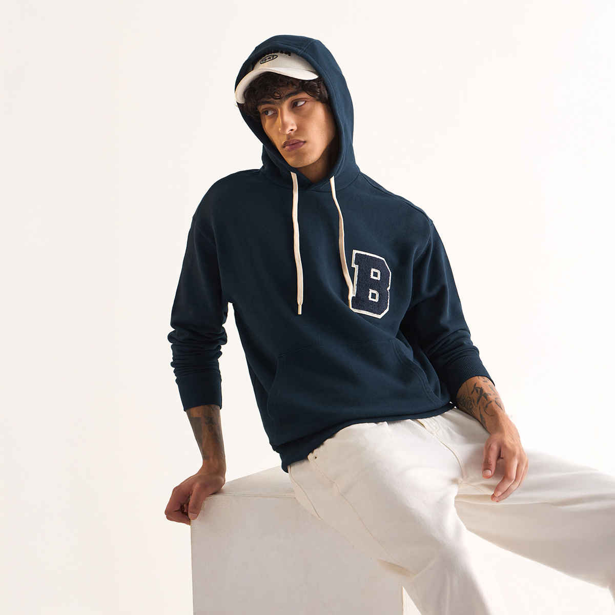 The Bear House Men's Relaxed Fit Hoodie with Chenille Patch Design | Navy Blue - XL