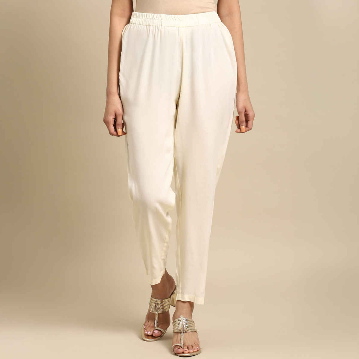 Rangita Women Ankle Length Straight Pant - Solid | Rayon | White | L