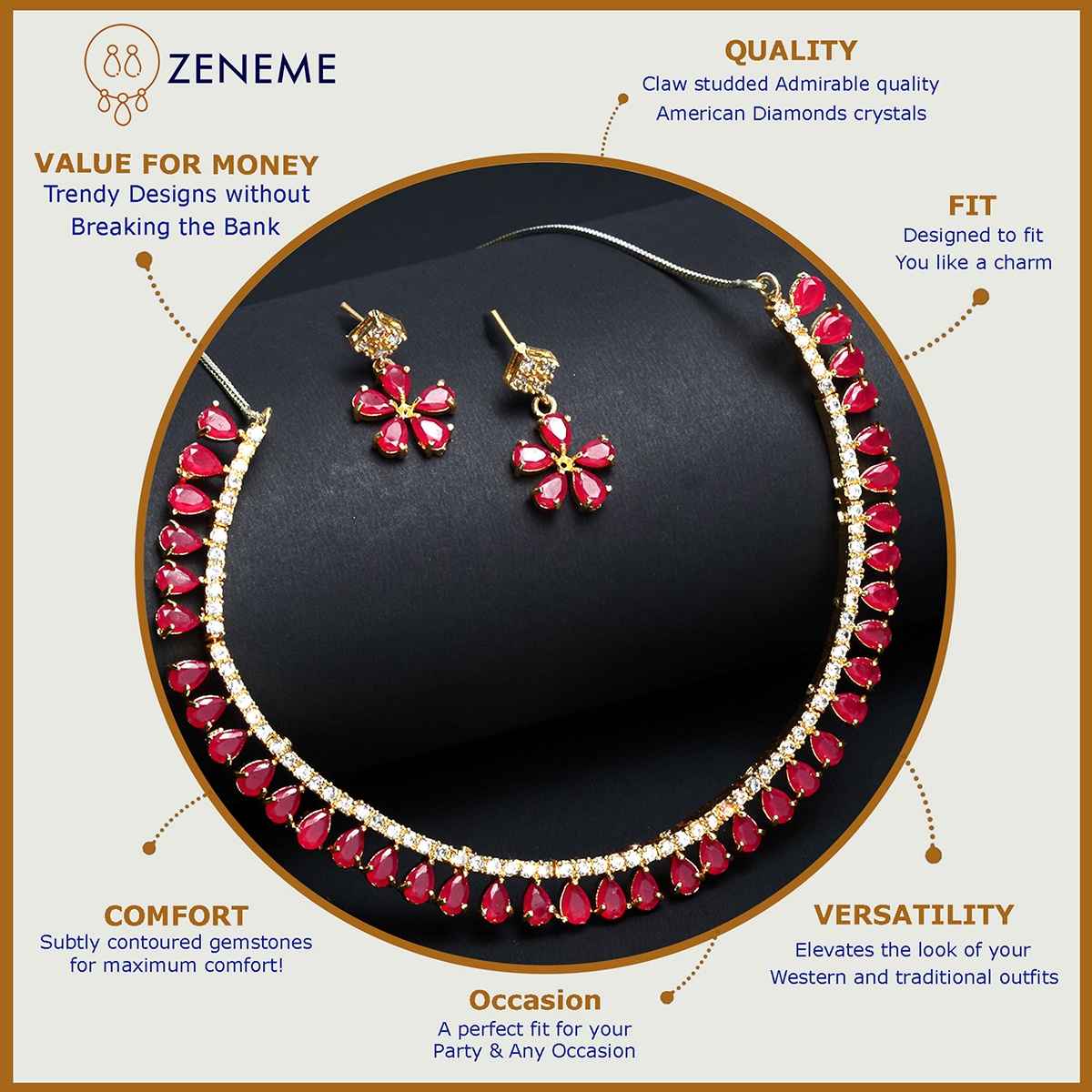 Zeneme Gold-Plated Red American Diamond Studded Necklace With Earring Set For Women & Girls