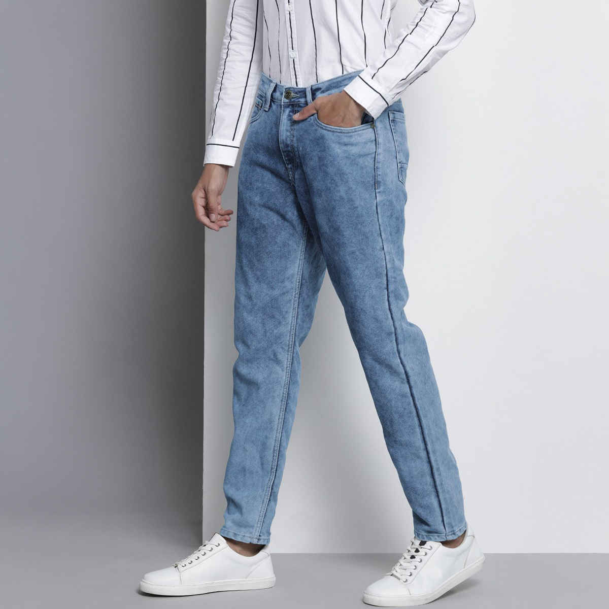 The Indian Garage Co Men's G-131 Dad Fit Solid Casual Jeans | Light Blue | 36