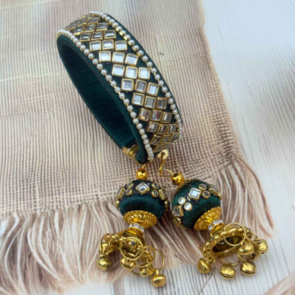The Opal Factory Kundan Silk Thread Flexible Size Bangle | Jhumki Latkan | Green - Flexible