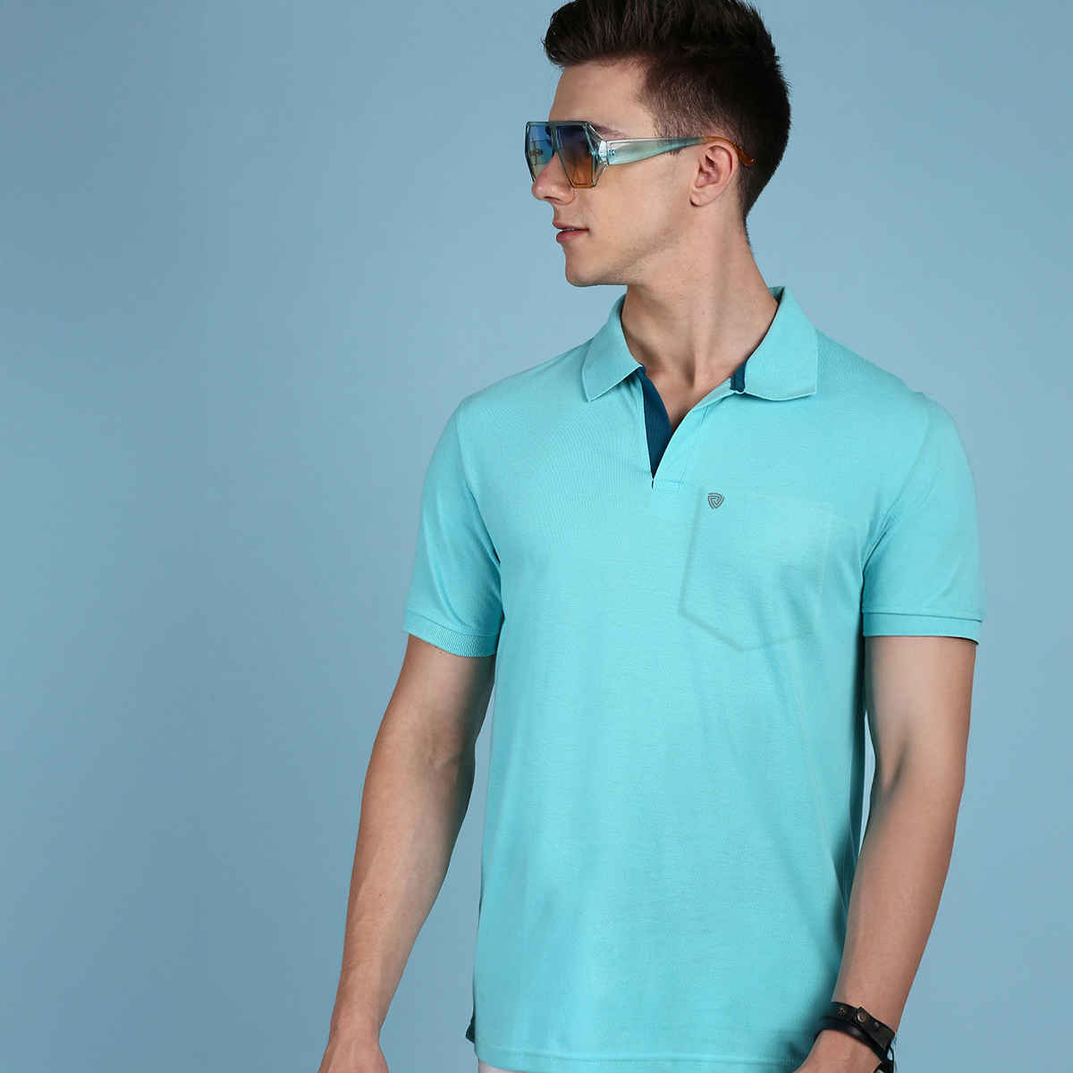 Lux Cozi Men's Solid Cotton Polo T-shirt with Pocket | Pool Blue - M