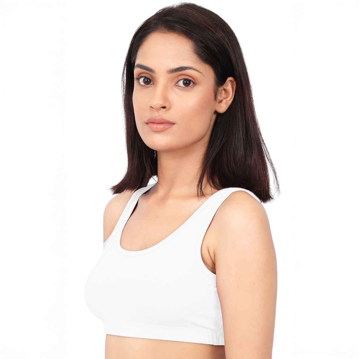 D'Chica Double-Layer Broad Strap Cotton Sports Bra | Non Padded | White & Grey | M