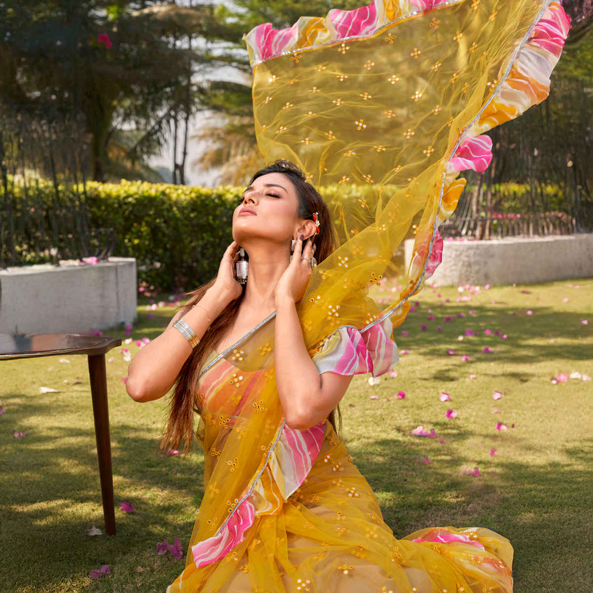 Tikhi Imli Women's Net Ruffle and Faux Mirror Work Saree with Unstitched Blouse | Yellow