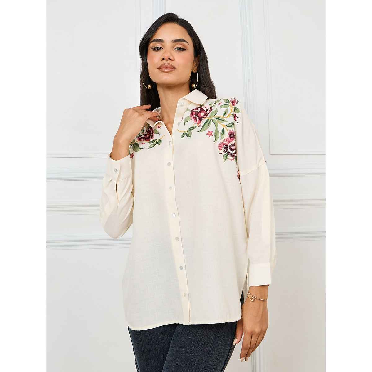 Styli Women's Extended Shoulder Cotton Shirt with Regular Fit | Off White - XS