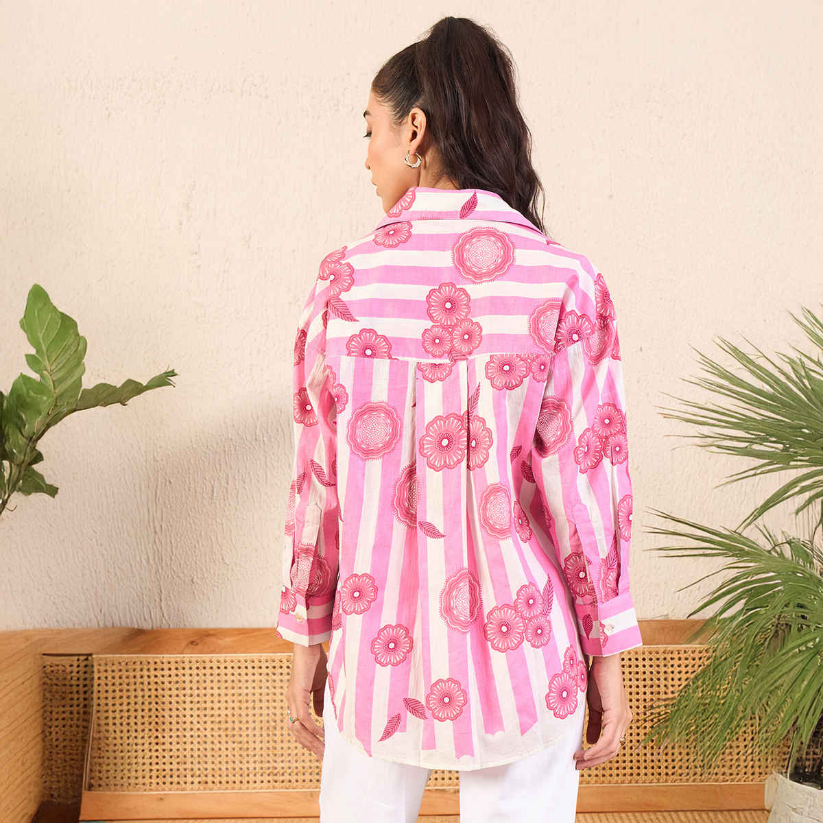 Uptownie Women's Printed Asymmetrical Cotton Shirt | Pink - XL