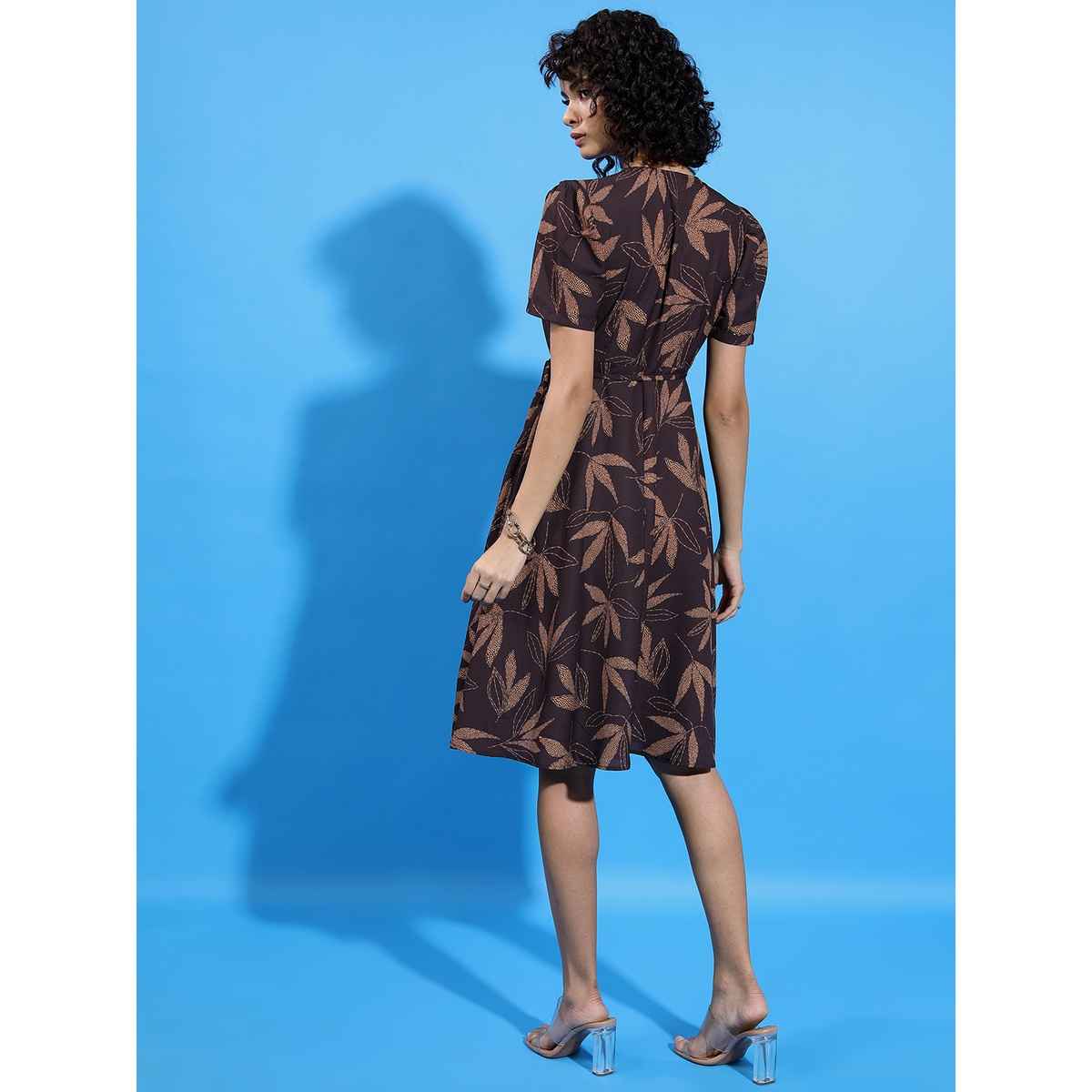 Ketch Women's Printed Fit & Flare V-Neck Wrap Dress | Brown - XL