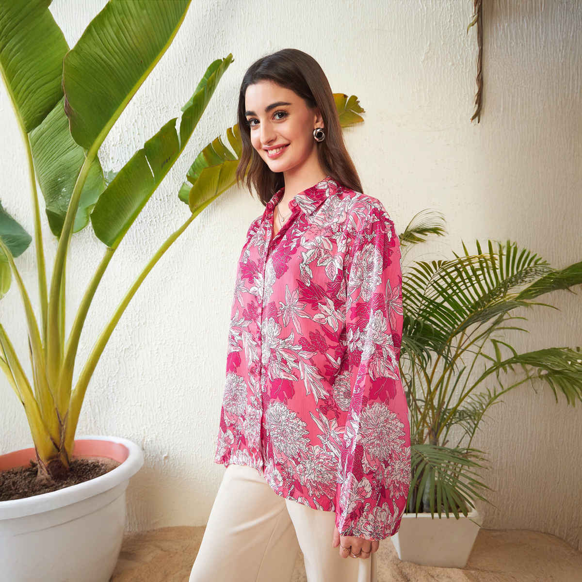 SASSAFRAS Women's Floral Oversize Shirt | Pink - L