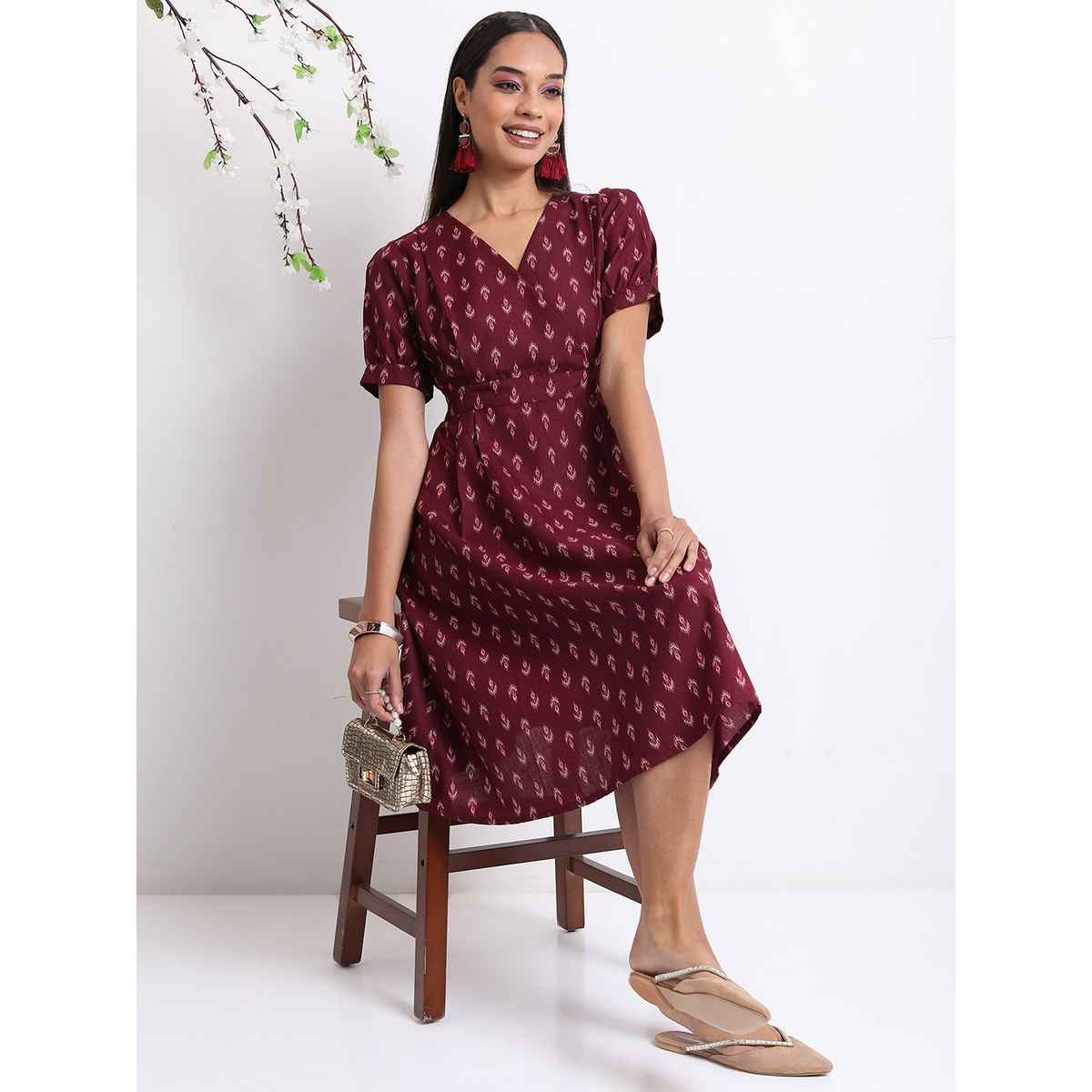 Ketch Women's Ethnic Motifs Printed Gathered A-Line Midi Dress | Brown - XL