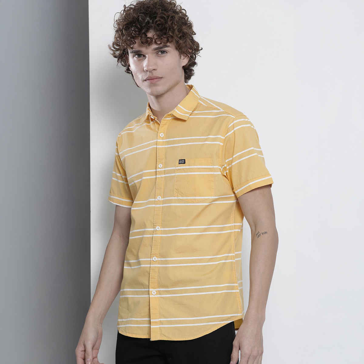 The Indian Garage Co Men's Slim Fit Striped Casual Half Sleeve Shirt | Yellow - 2XL