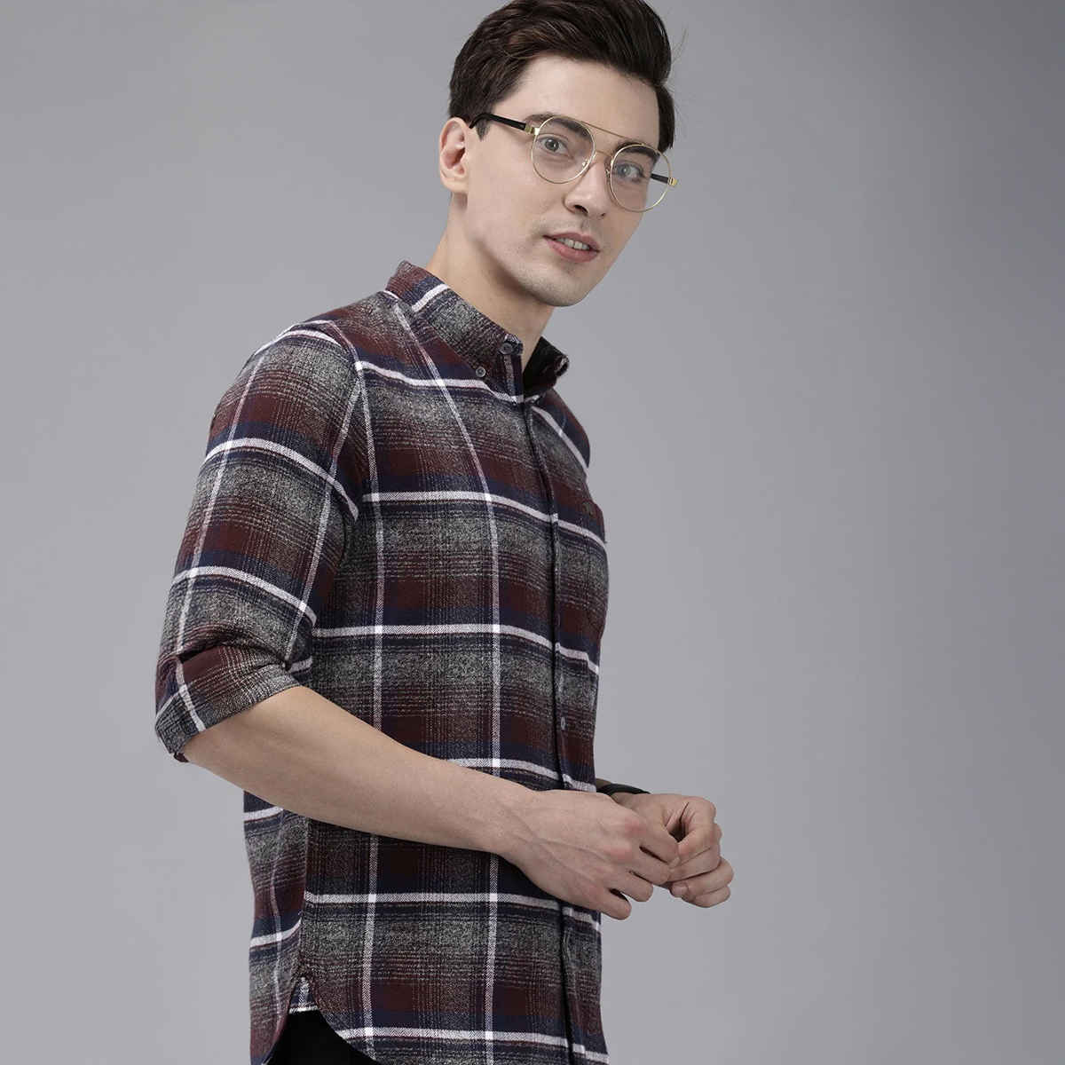 The Bear House Men Slim Fit Checked Shirt - Albion | Grey and Maroon | XL