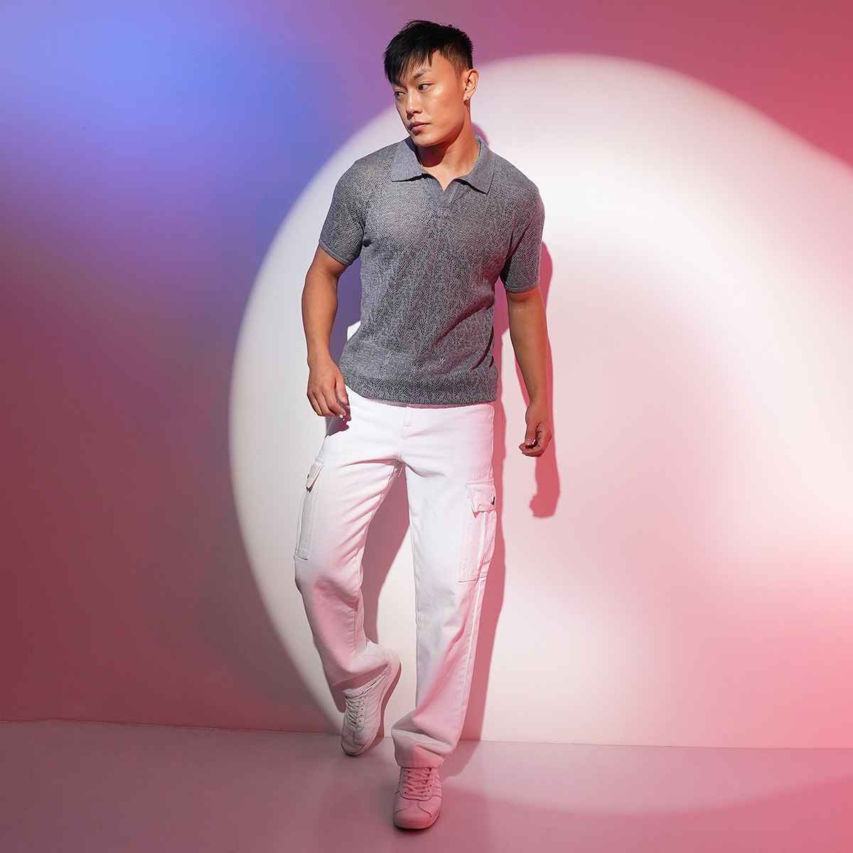 Campus Sutra Men's Abstract - Textured Polo T-shirt | Grey - L