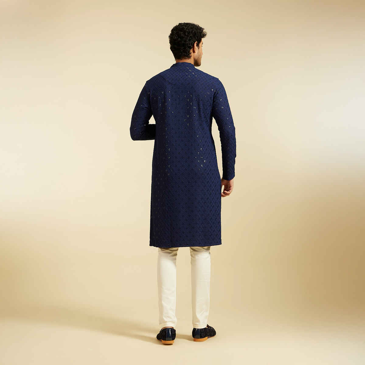 Diwas By Manyavar Men's Chikankari Kurta With Sequins | Navy Blue - S