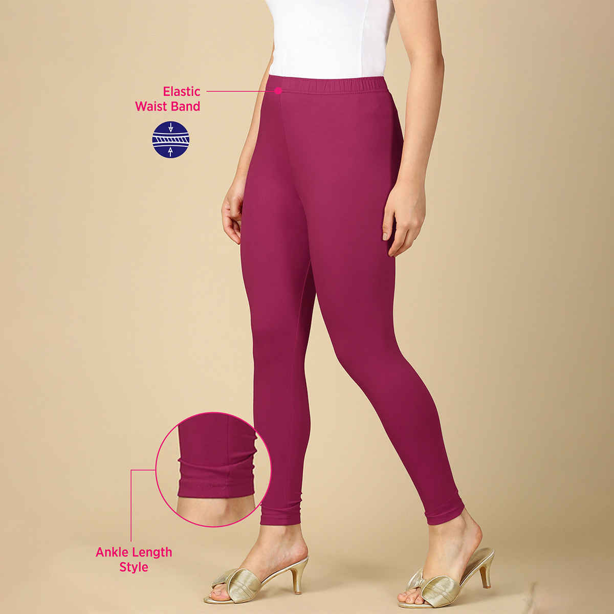 PYNK By Lux Cozi Flexi-Fit 360 Stretch Ankle Length Premium Cotton Leggings | Falsa|Free Size
