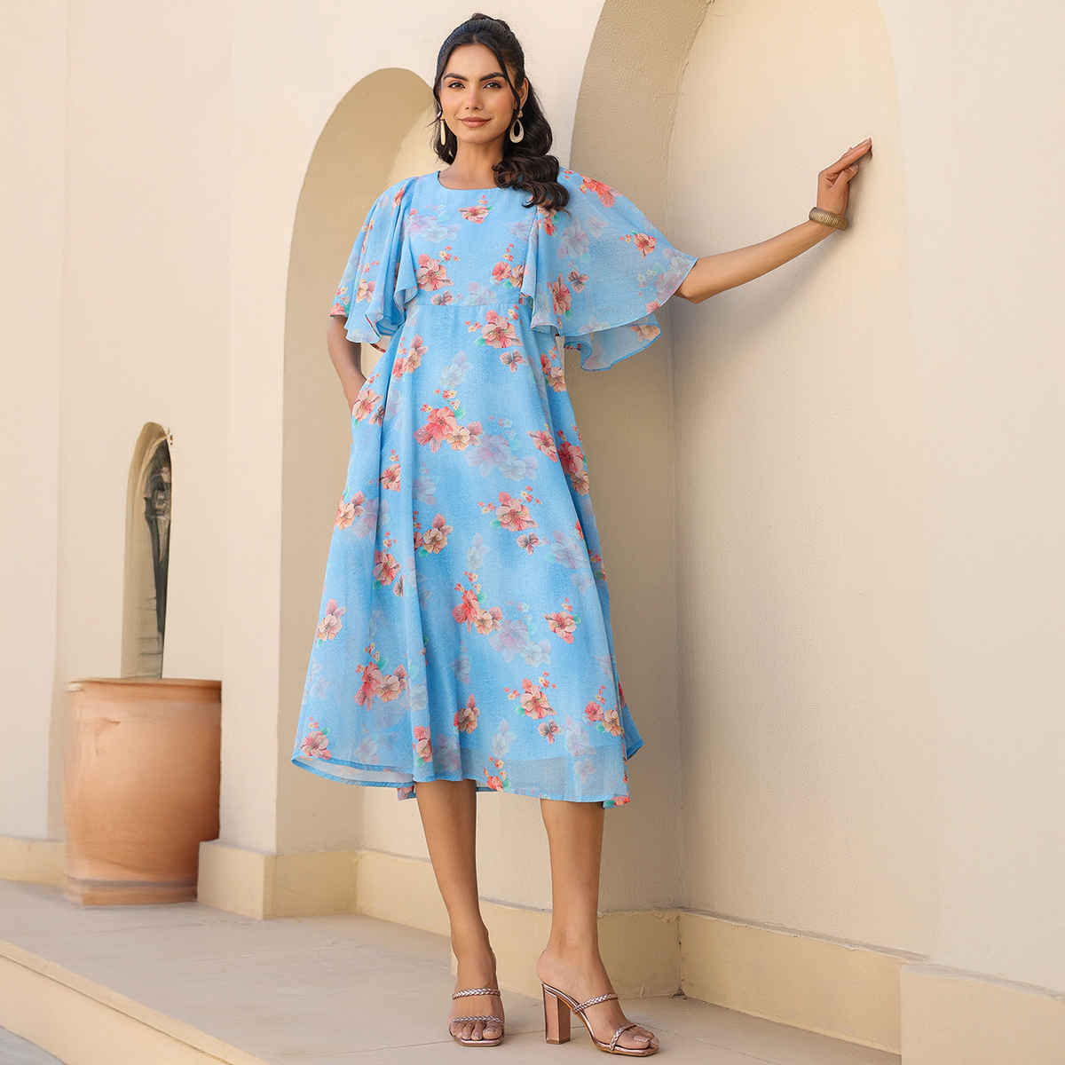 Janasya Women's Georgette Floral Printed A-line Dress | Blue - XS