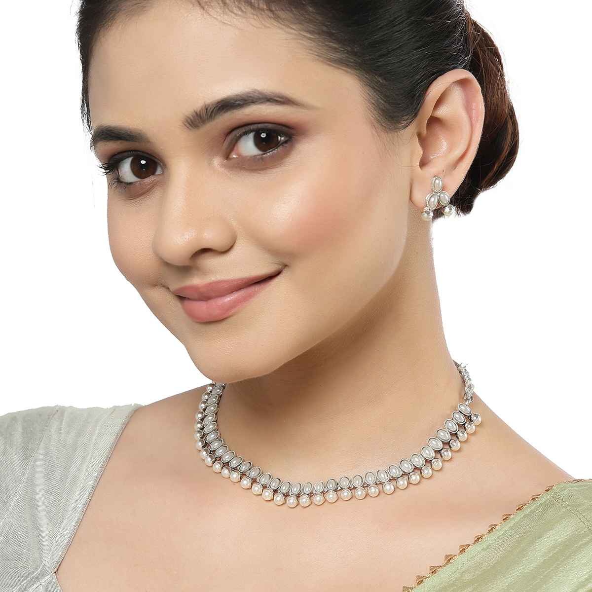 Zeneme Oxidised Silver Traditional White CZ Necklace With Earrings Jewellery For Women & Girls