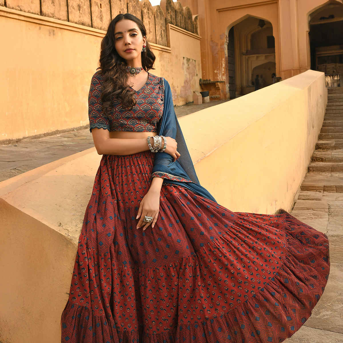 Janasya Women's Cotton Block Print Lehenga Choli with Dupatta | J0484 | Maroon - 2XL