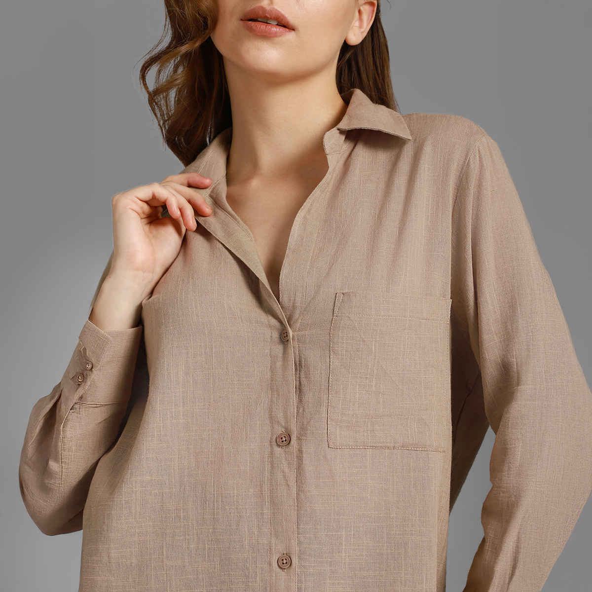 High Star Women's Spread Collar Long Sleeves Cotton Casual Shirt | Sand - M