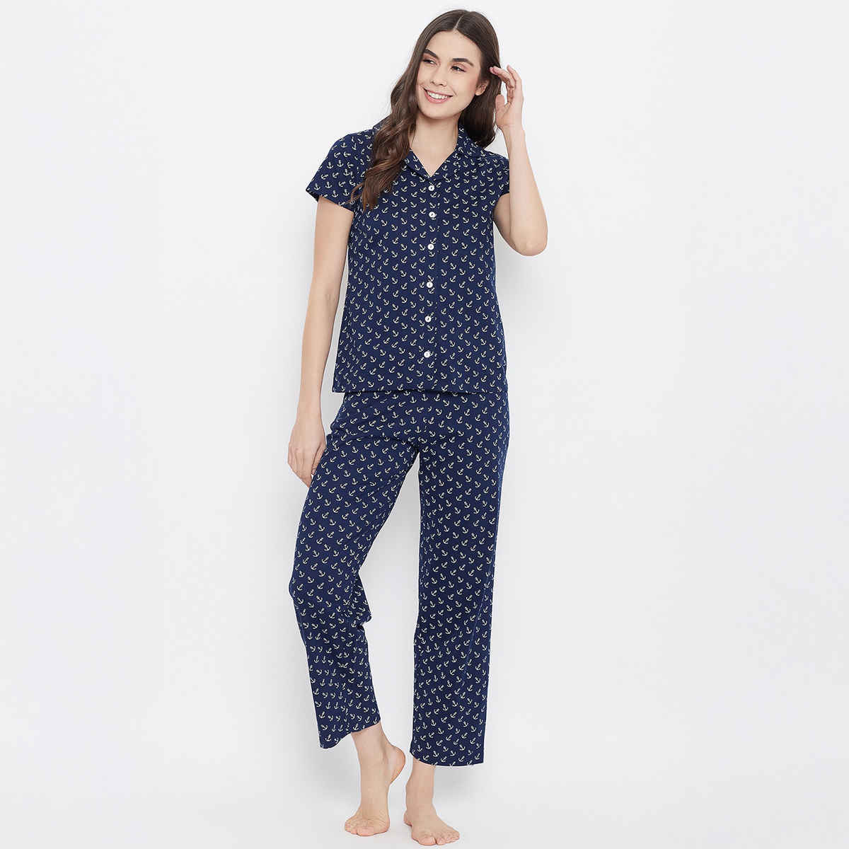Clovia Button Down Anchor Print Shirt & Pyjama Nightsuit Set | Cotton | Blue | XL
