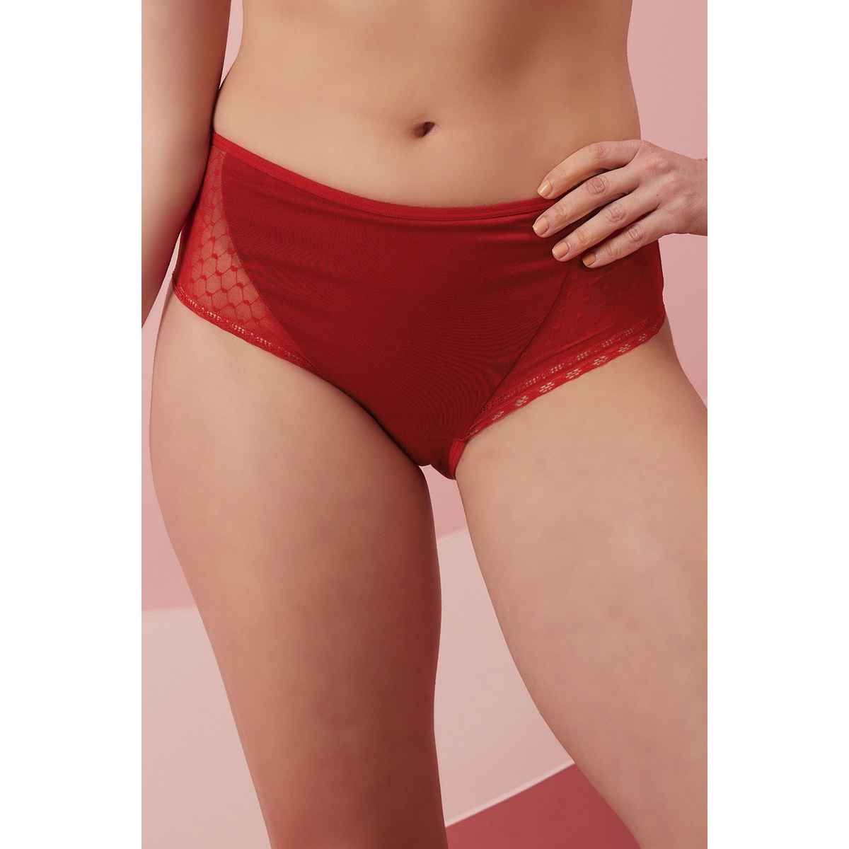 Clovia Mid Waist Hipster Panty in Maroon with Lace Panels - Cotton | PN2587A09 - Maroon - XL