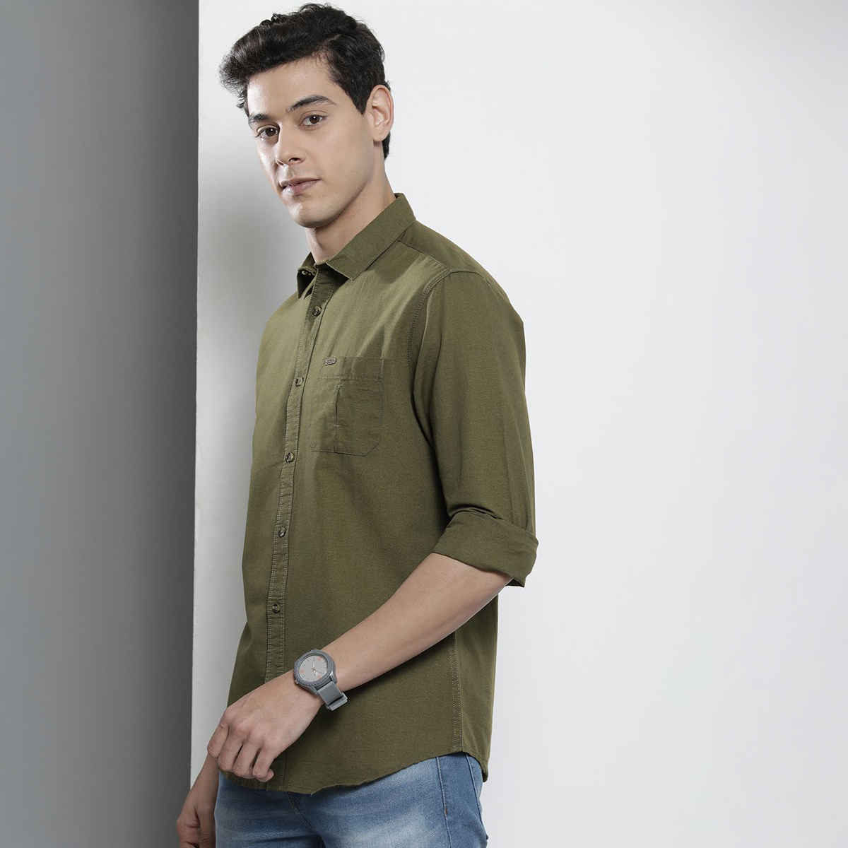 The Indian Garage Co Men's Regular Fit Solid Casual Shirt | Olive Green - XL