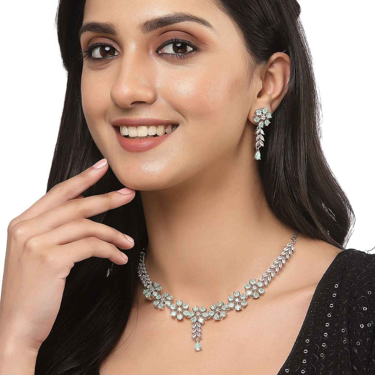 Zeneme Rhodium-Plated Sea Green American Diamond Necklace Earrings Jewellery Set for Women & Girl