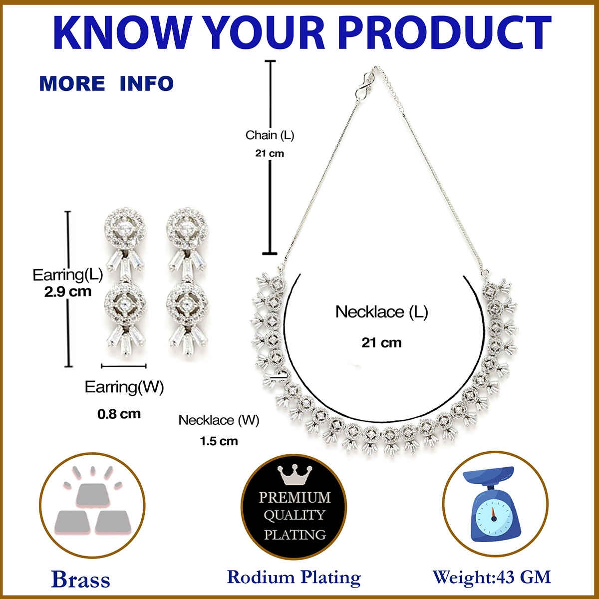 Zeneme Rhodium-Plated White AD-Studded Jewellery Set For Women & Girls