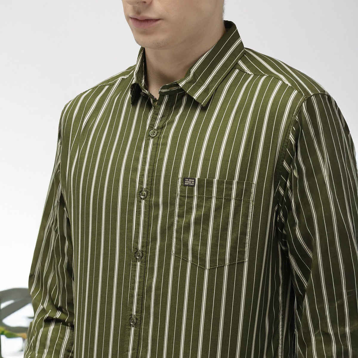 The Indian Garage Co Men's Slim Fit Multi Stripes Casual Shirt | Olive - XL