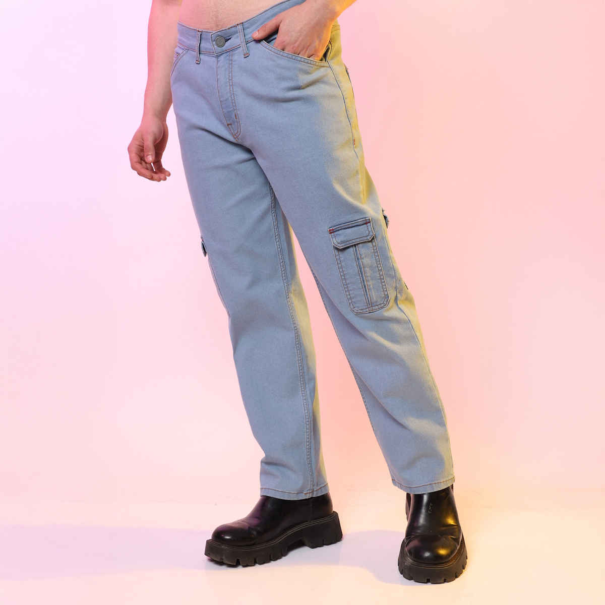 Campus Sutra Men's Straight Cargo Denim Jeans | Blue - 32