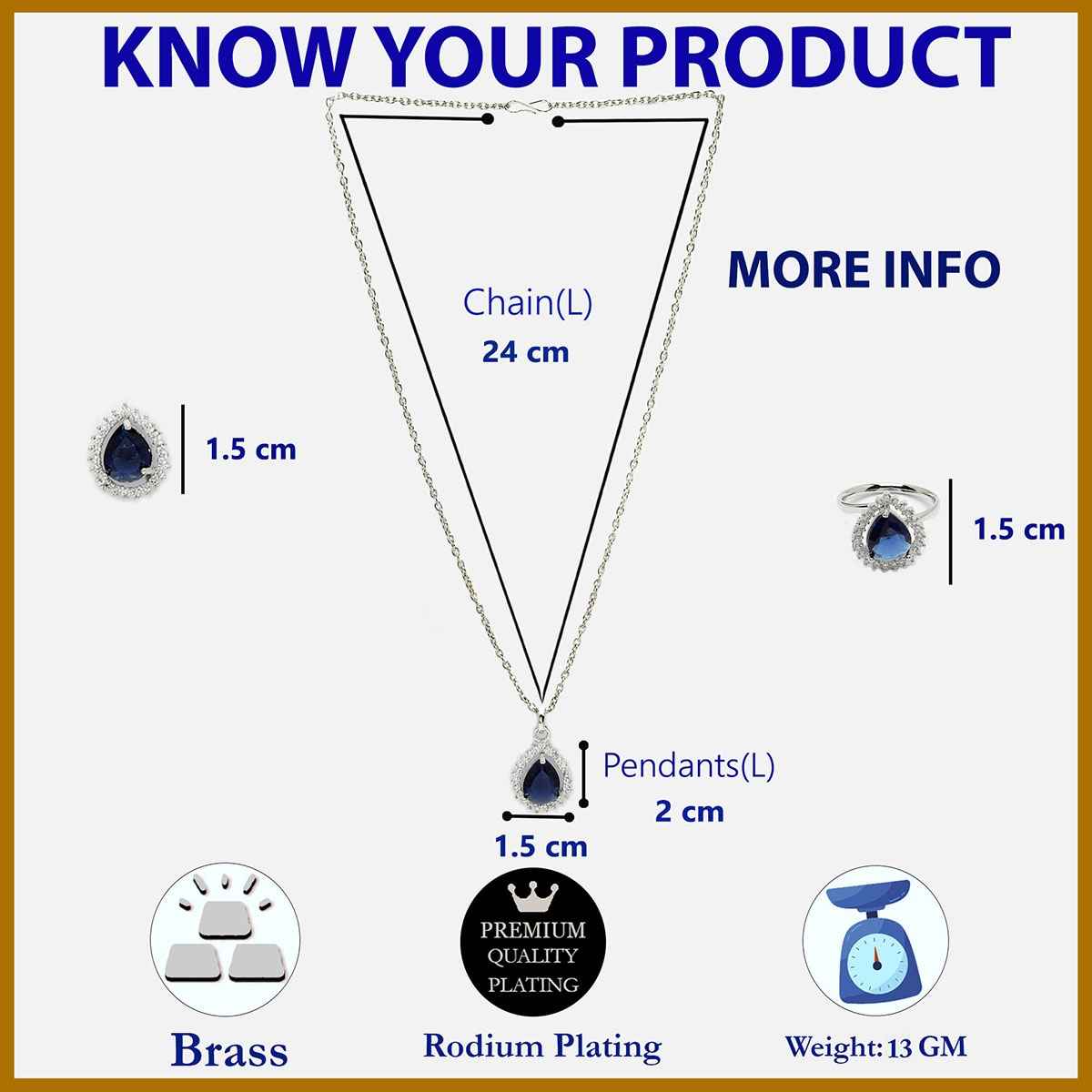 Zeneme Rhodium-Plated Blue American Diamond Necklace and Earrings With Ring For Women & Girls