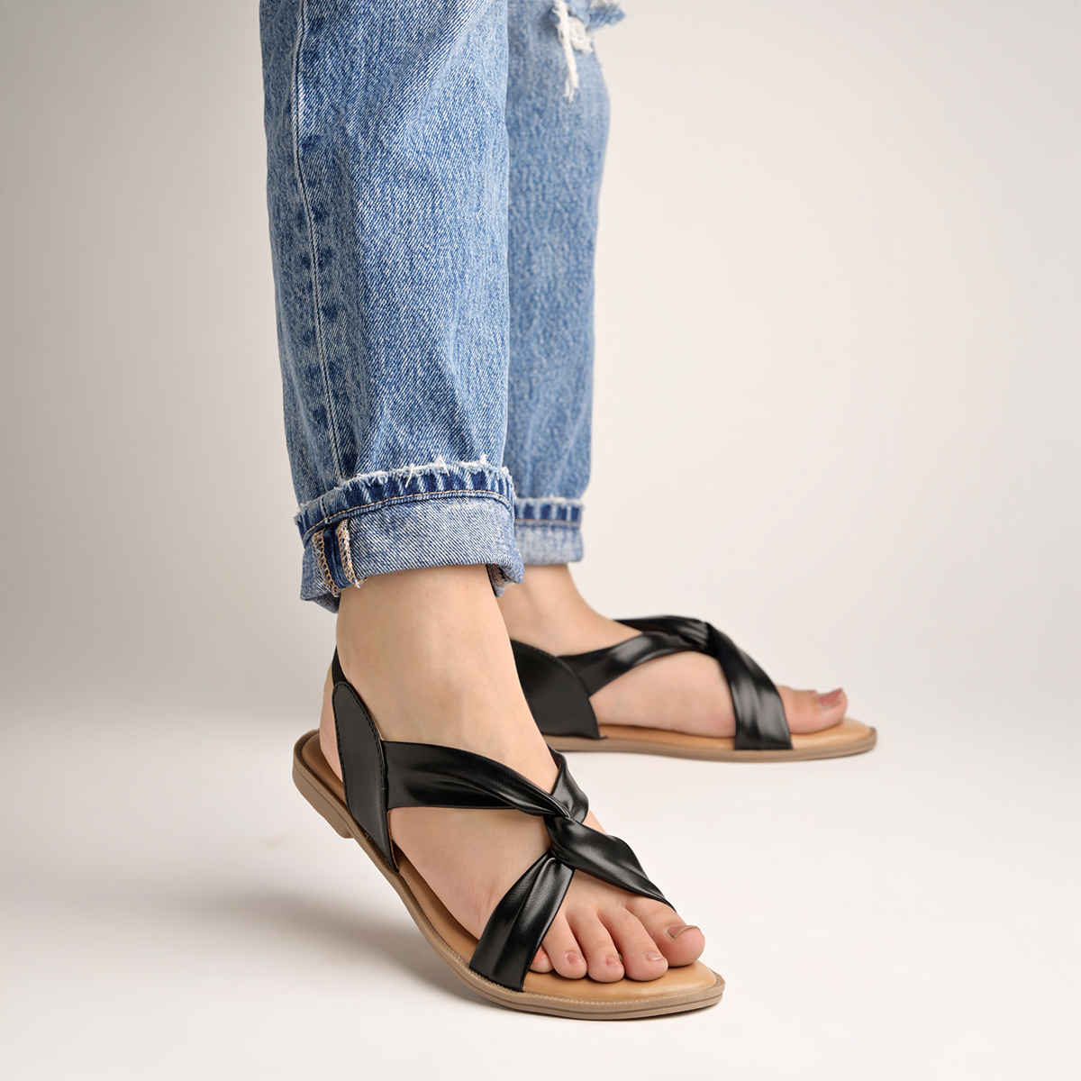 Shoetopia Cross Strap Black Flat Sandals For Women | UK 5