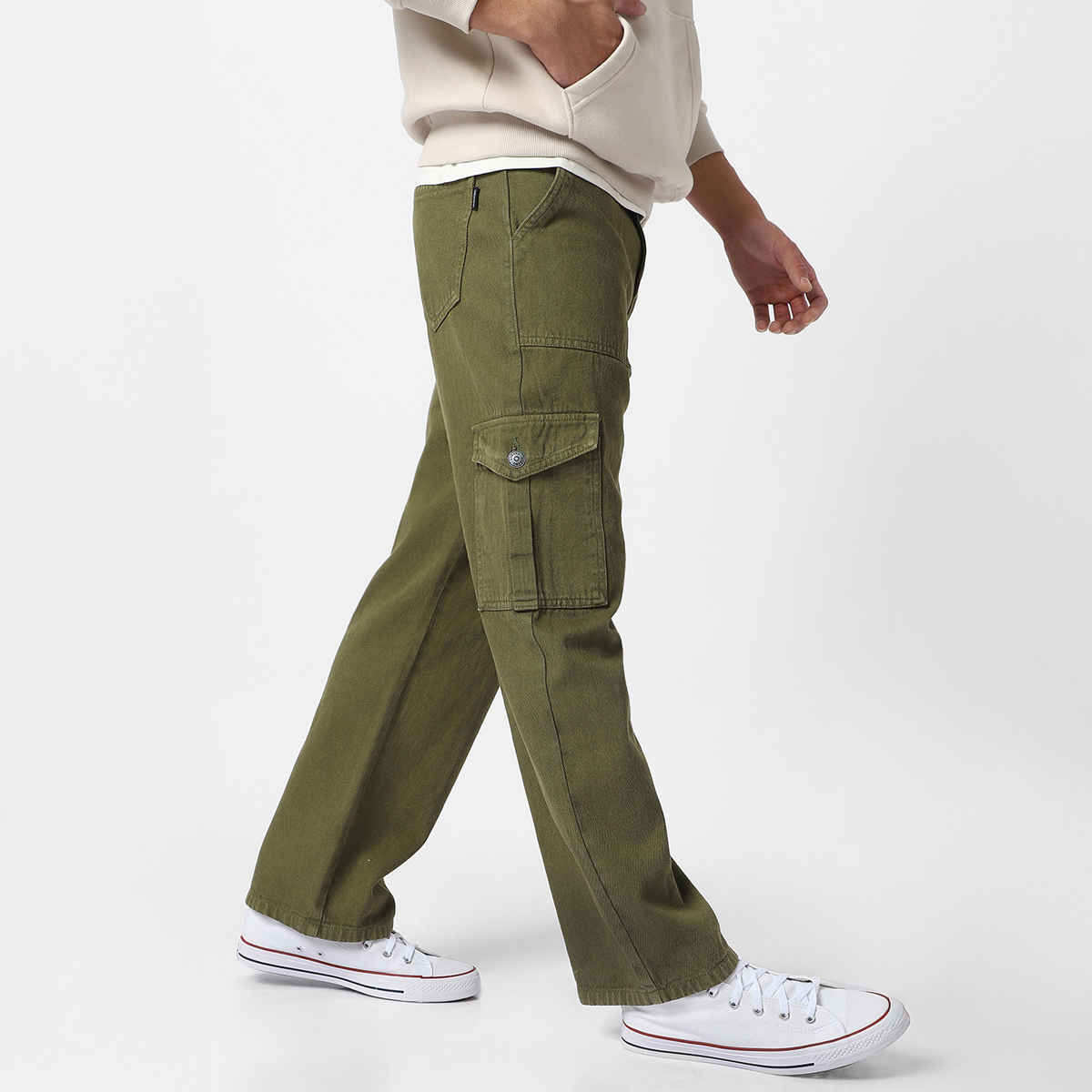 Urbano Fashion Men's Cargo Jeans Loose Baggy Fit 6 Pockets Non-Stretchable | Olive Green | 36