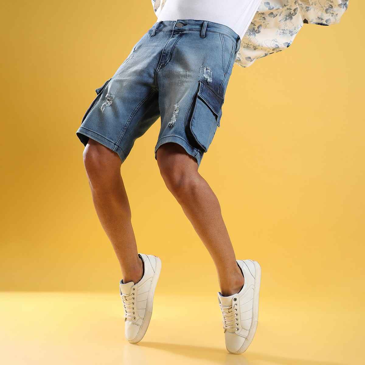 Campus Sutra Men's Distressed Cargo Denim Shorts | Blue - 28