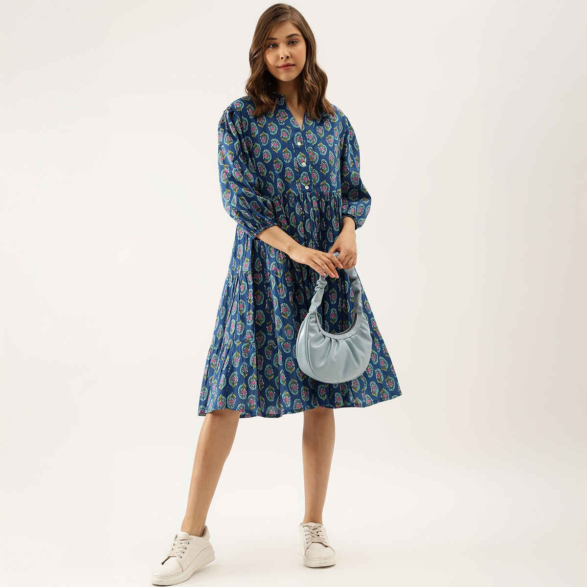 Divena Paisley Printed Cotton Dress for Women | DK1043 | Blue - S