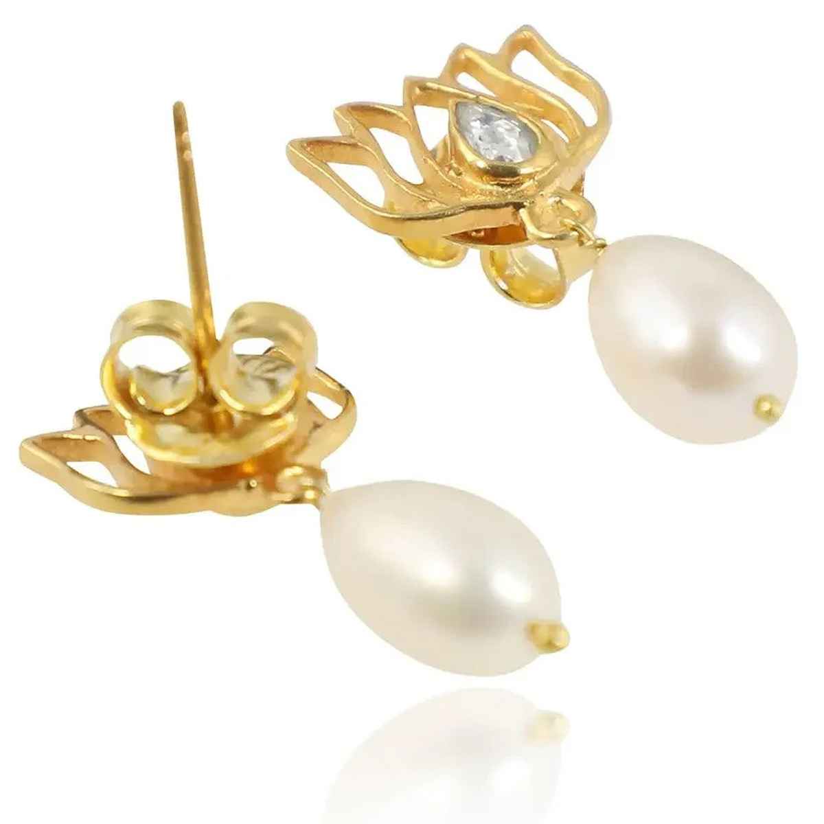 Unniyarcha 92.5 Silver Gold-plated Pearl Drop Lotus Earrings