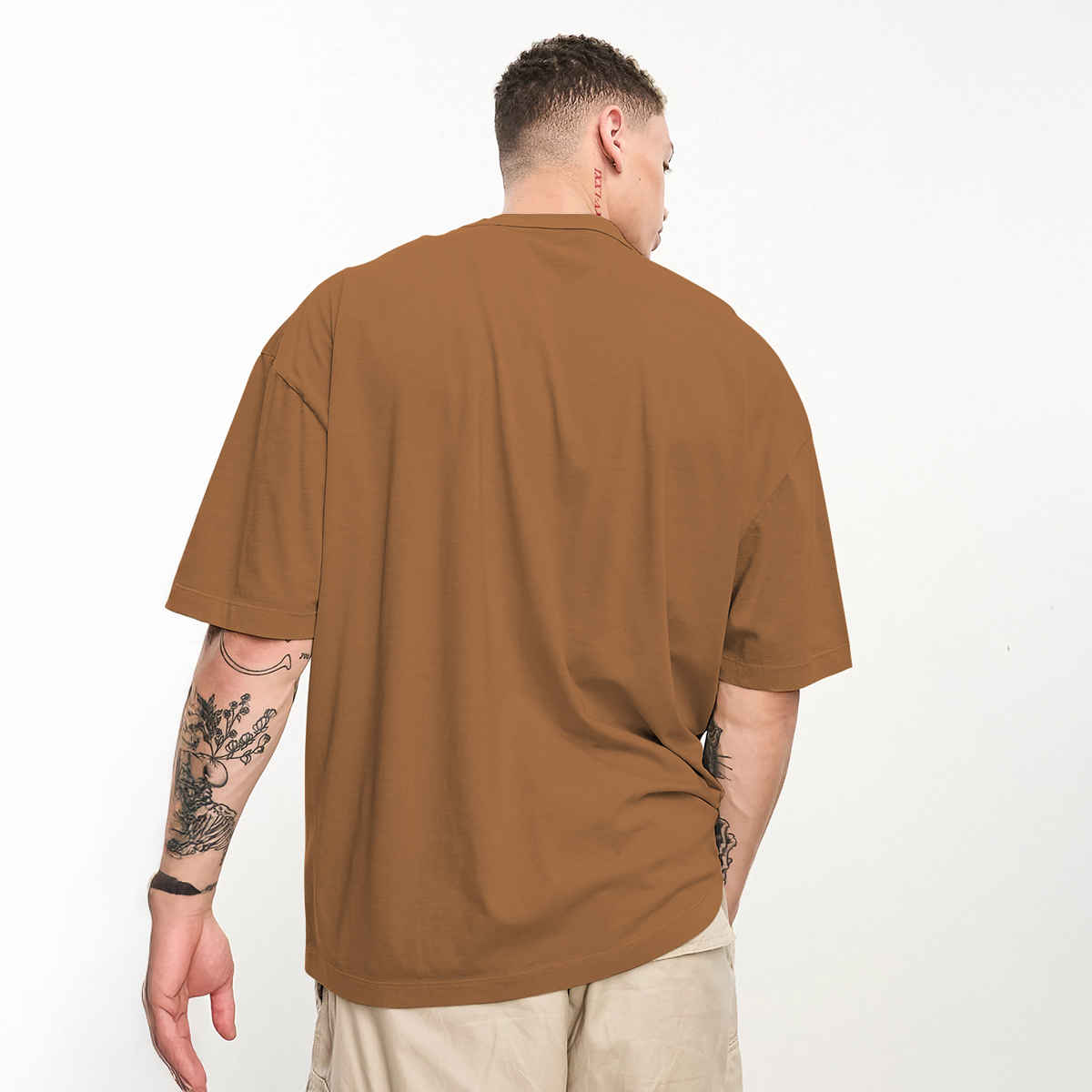 Chkokko Men's Oversized Solid Round Neck T-shirt | Golden Brown - S