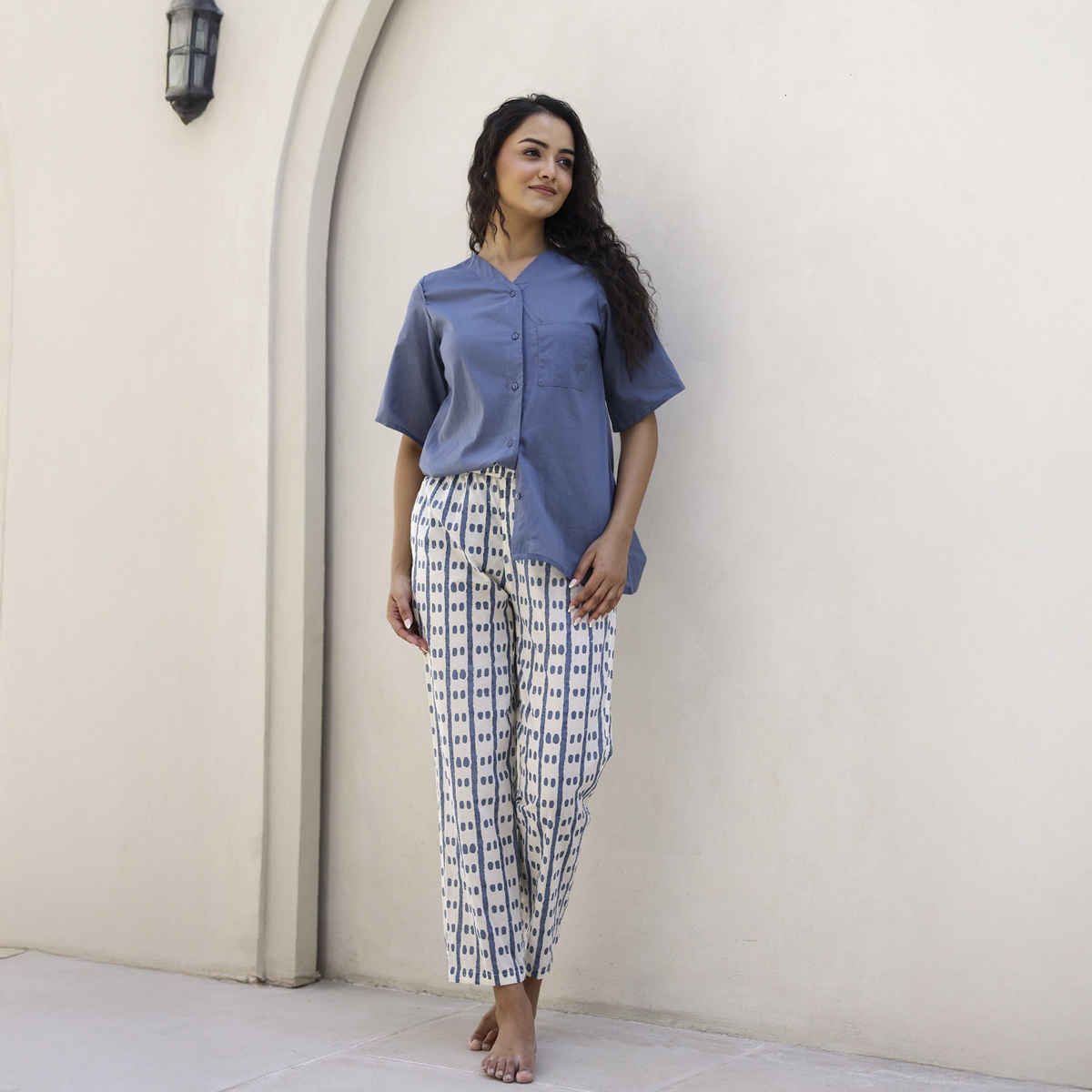 Sanskrutihomes Checked Pure Cotton Night Suit | Blue - White | M