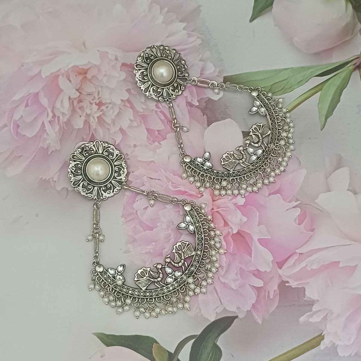 Oxidised Chandelier Earrings with Moti Work Long