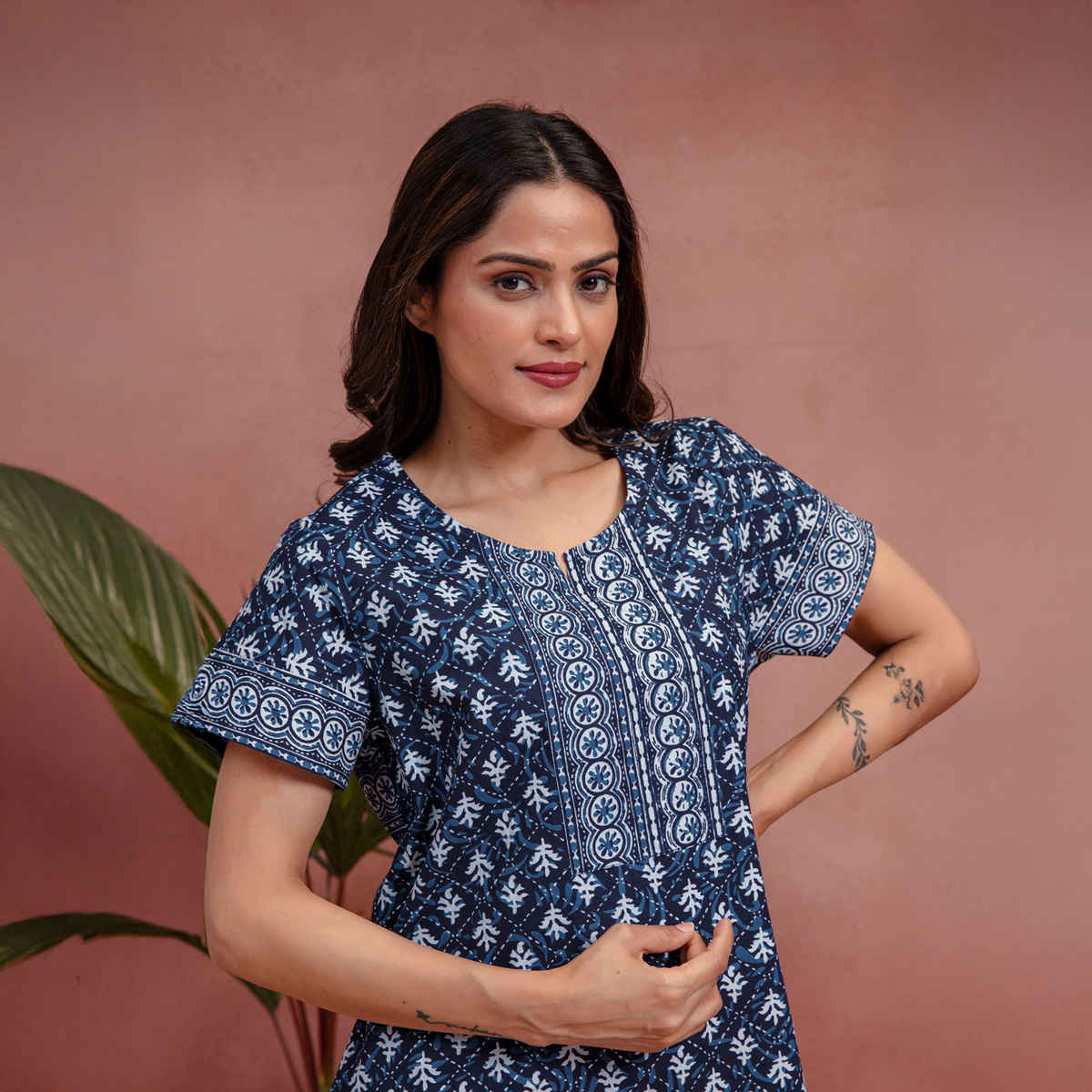 NIHSAMAH Women's Essential Slip-On Nighty | Full Length | Navy Blue - XL